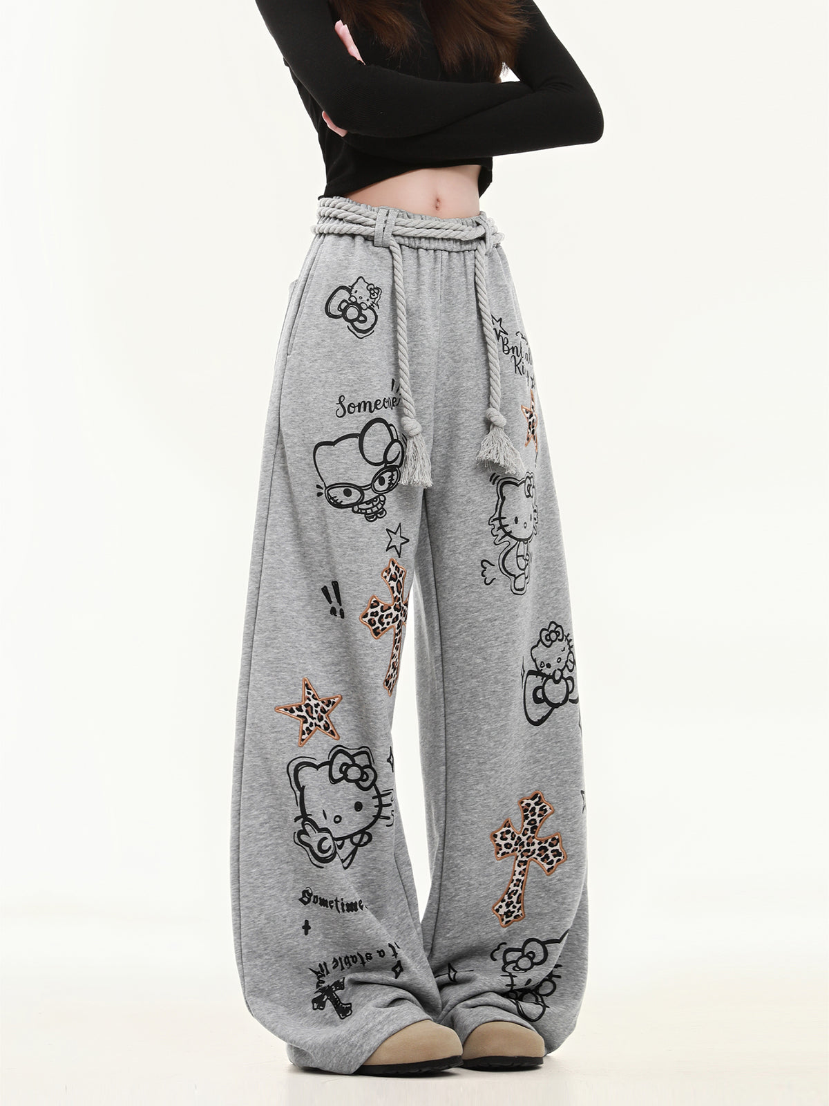 HK Wide Leg Sweatpants for Women – KT Print Loose Fit Casual Pants, Autumn Straight Leg Trousers