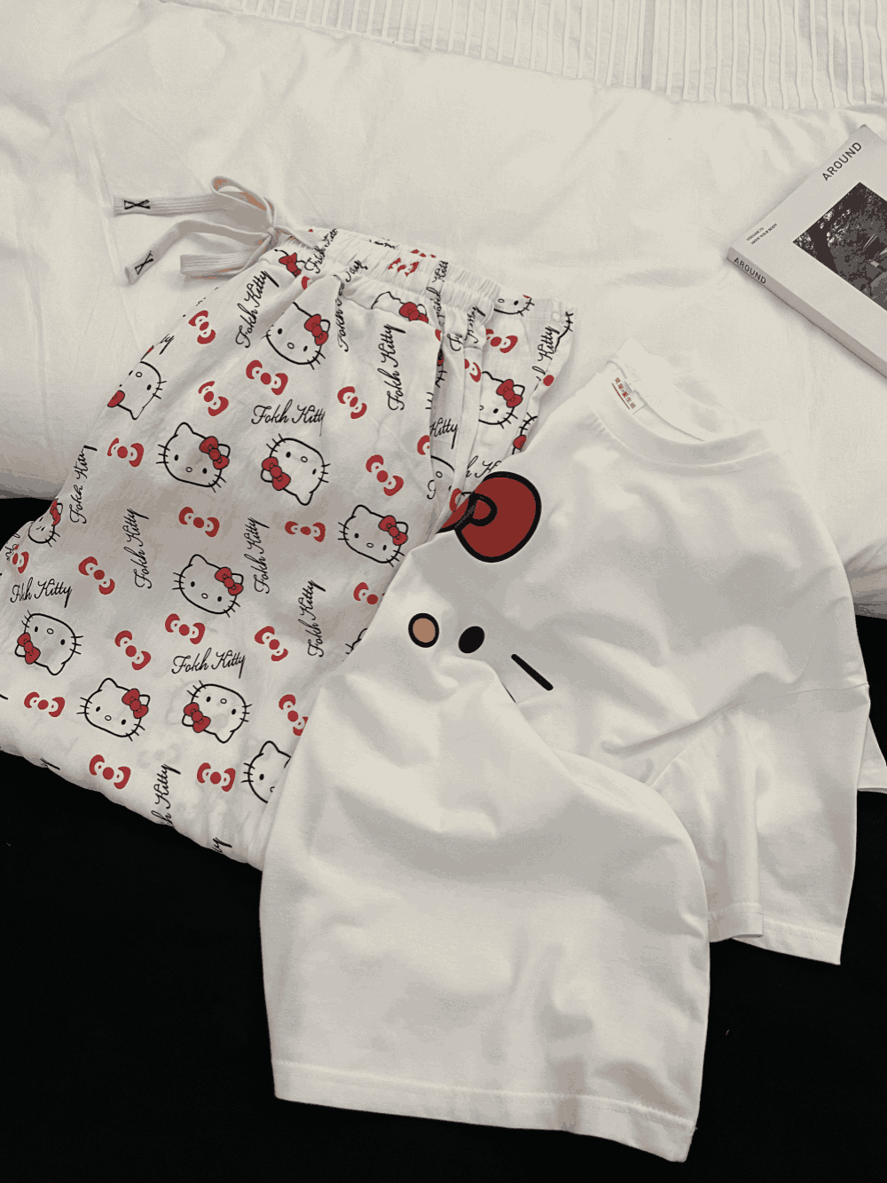 Hello Kitty Print Short Sleeve & Long Pants Pajama Set, Soft Cotton Loungewear