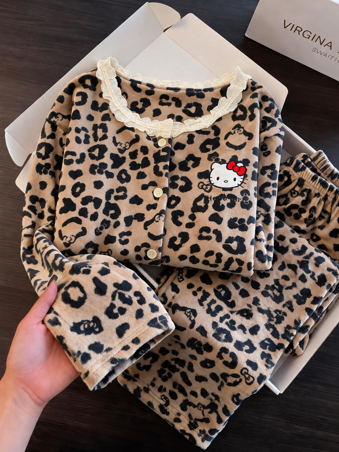 Hello Kitty Leopard Print Lace-Trim Pajama Set