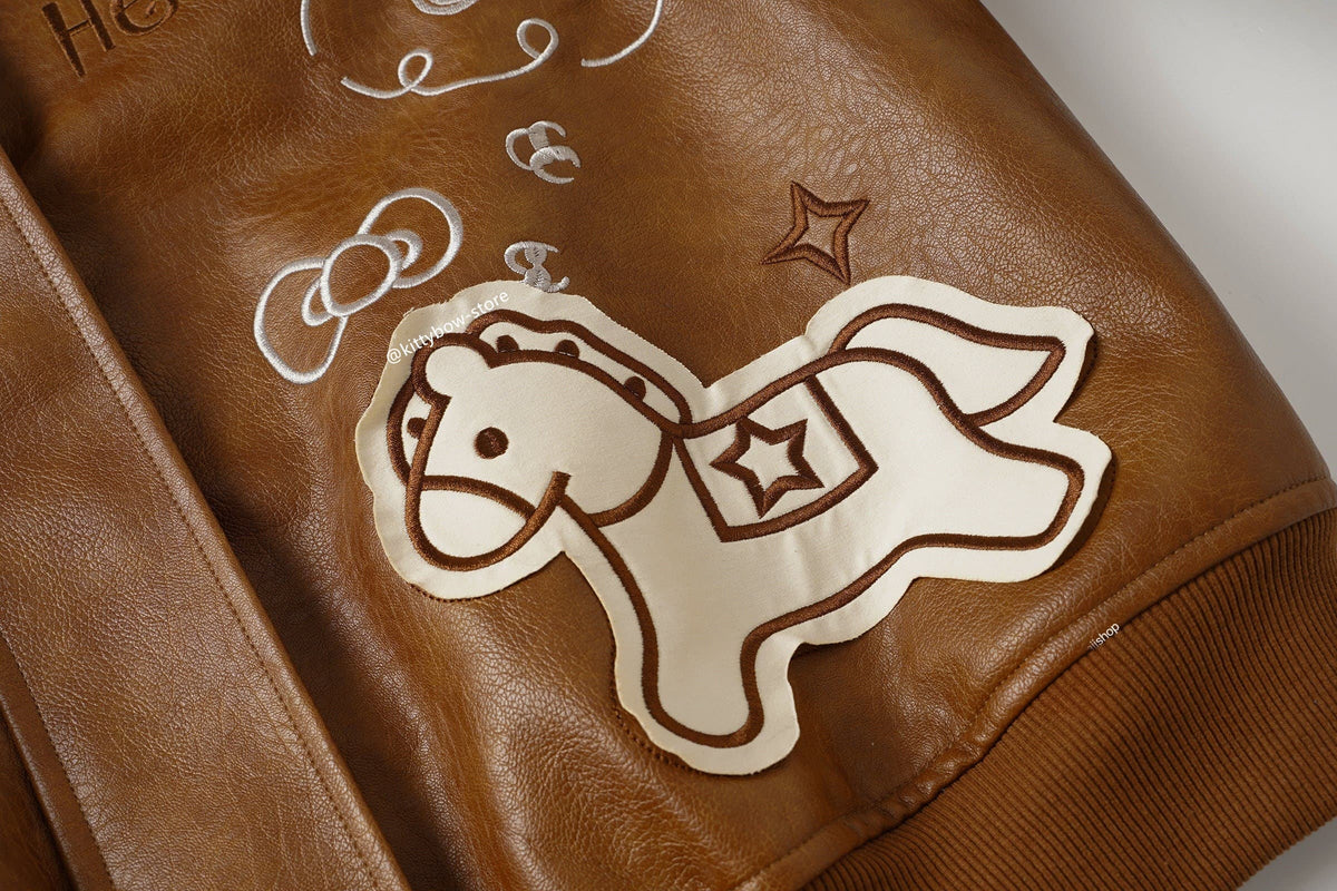 Hello Kitty Brown Embroidered Bomber Jacket-Unisex Coats