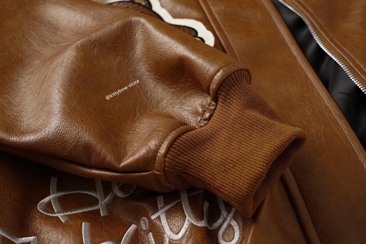 Hello Kitty Brown Embroidered Bomber Jacket-Unisex Coats