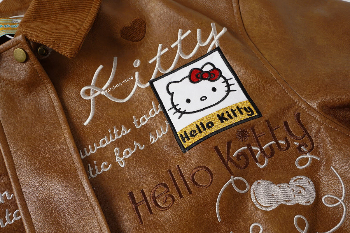 Hello Kitty Brown Embroidered Bomber Jacket-Unisex Coats