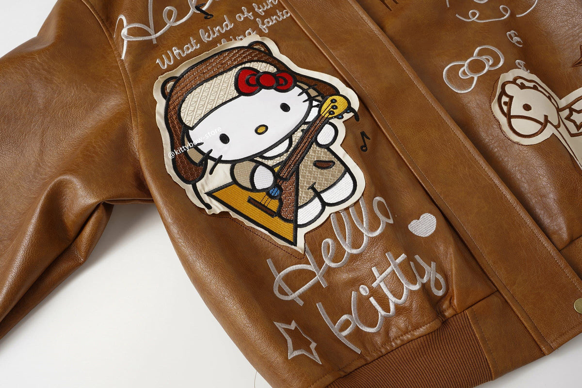 Hello Kitty Brown Embroidered Bomber Jacket-Unisex Coats