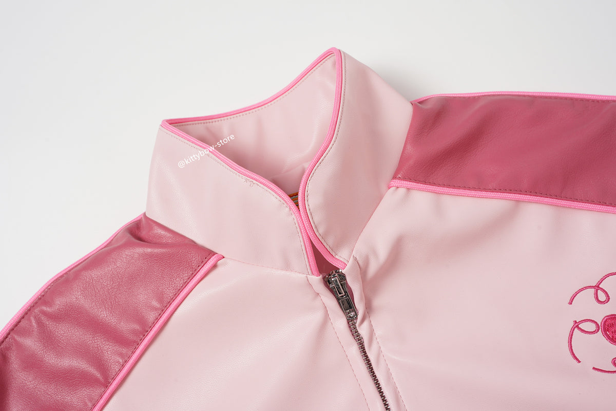 Hello Kitty Pink Embroidered Faux Leather Jacket