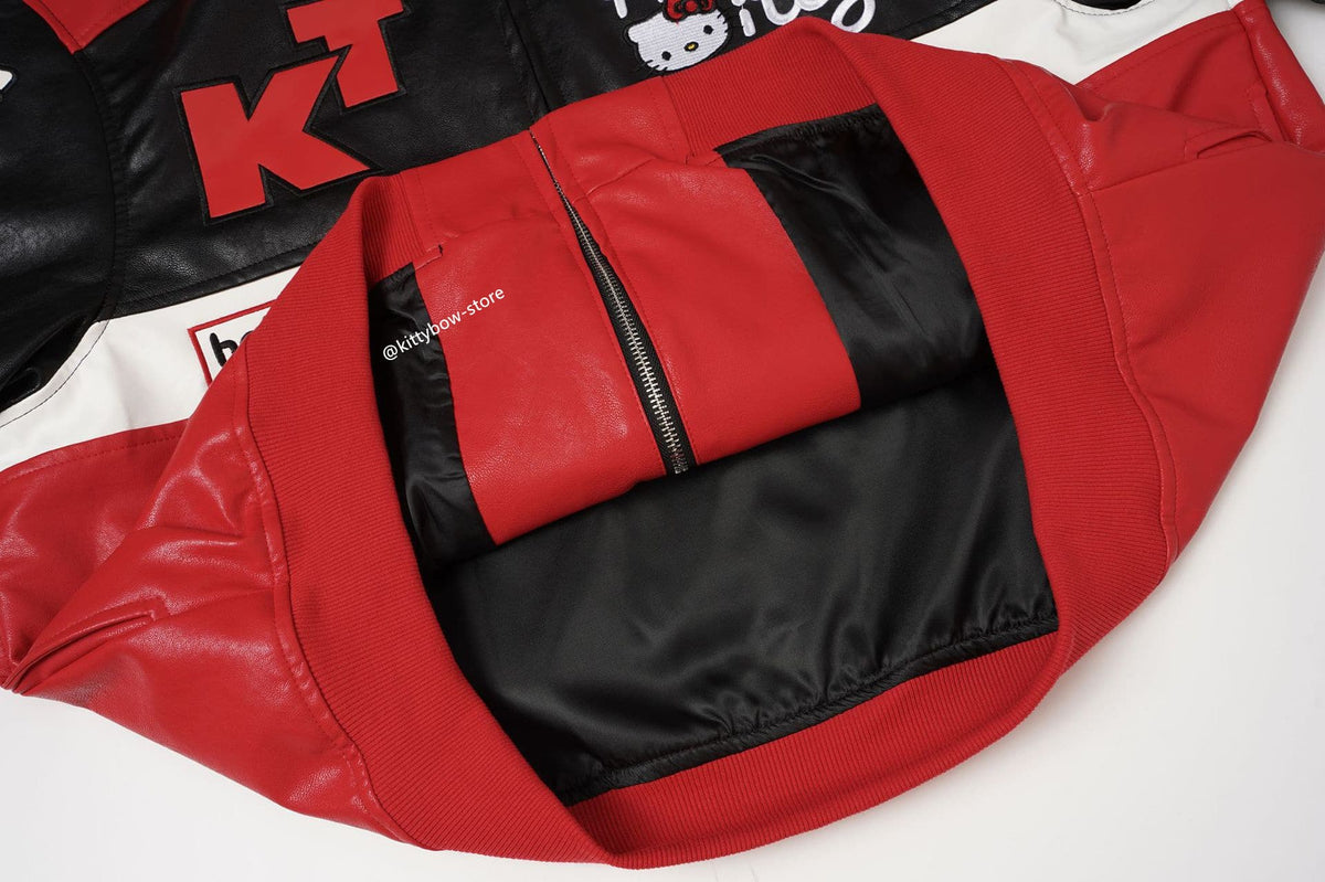 Hello Kitty Red & Black Embroidered Faux Leather Jacket Unisex Coats