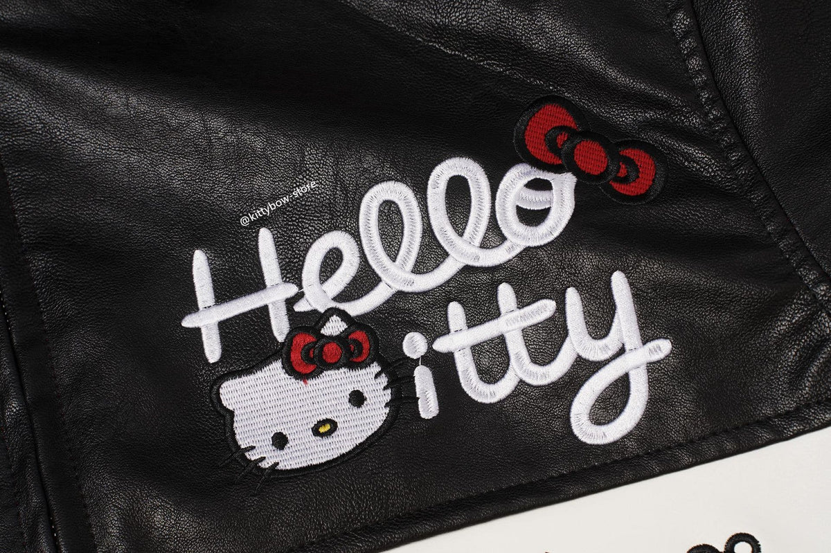 Hello Kitty Red & Black Embroidered Faux Leather Jacket Unisex Coats
