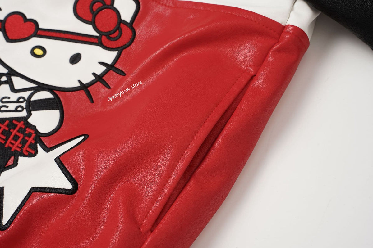 Hello Kitty Red & Black Embroidered Faux Leather Jacket Unisex Coats