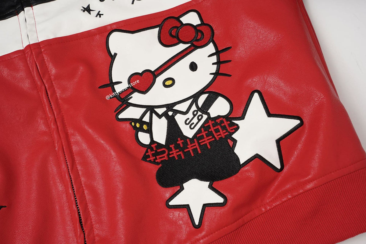 Hello Kitty Red & Black Embroidered Faux Leather Jacket Unisex Coats