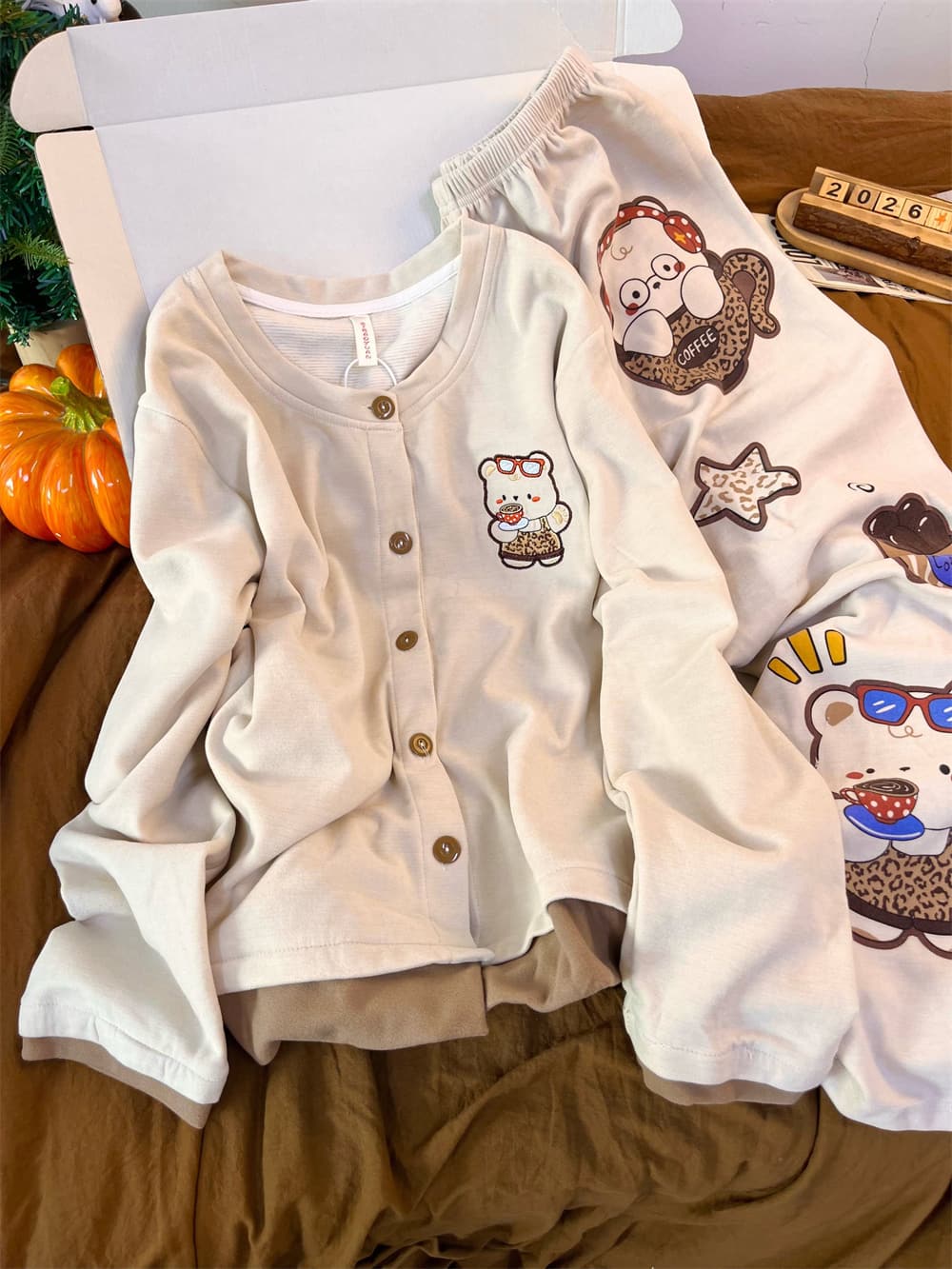 Hello Kitty & Coffee Bear Cotton-Blend Thermal Pajama Set