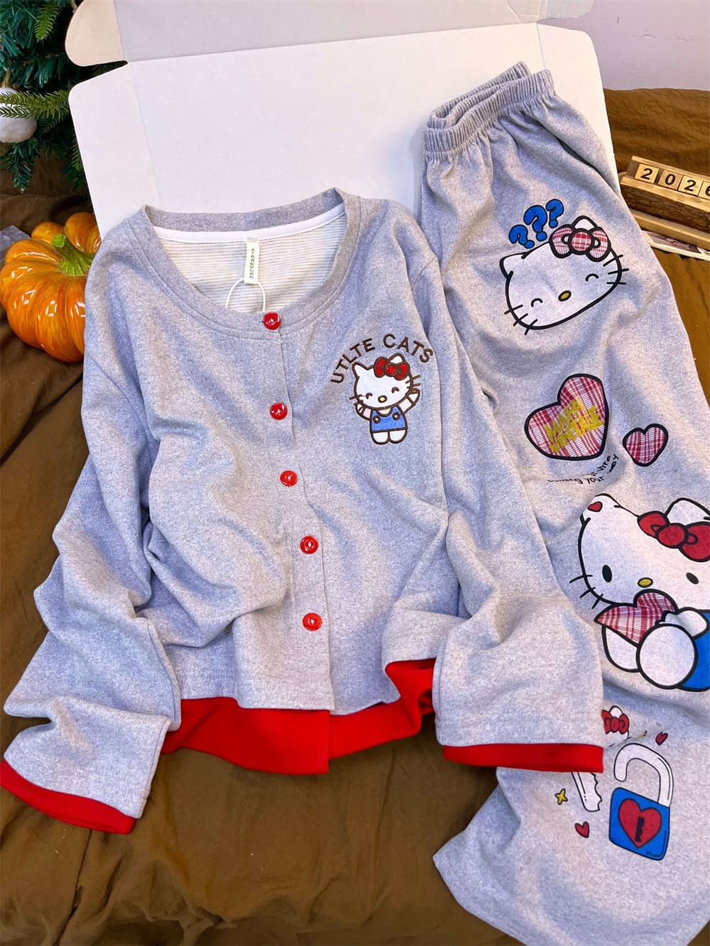 Hello Kitty & Coffee Bear Cotton-Blend Thermal Pajama Set