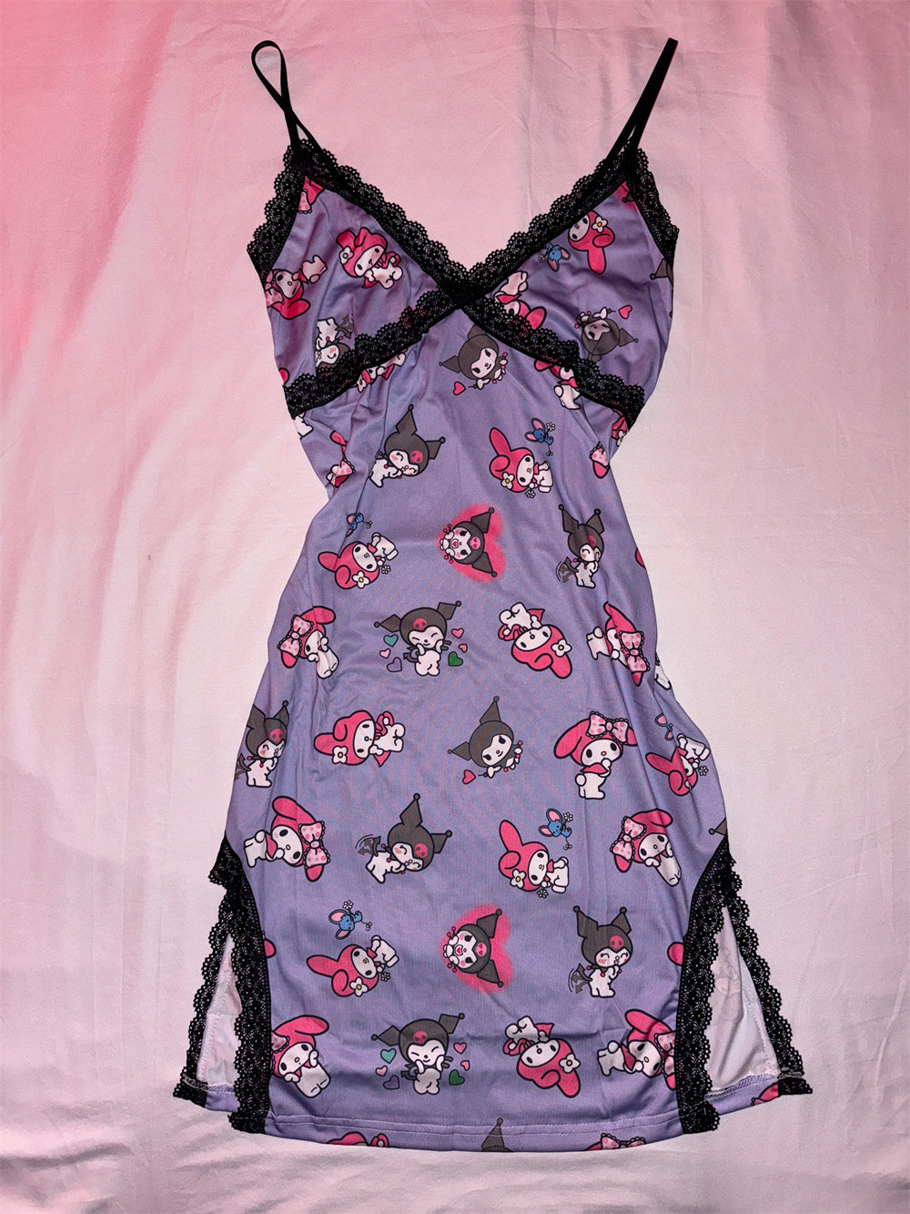Kawaii Cartoon Lace Slit Slip Nightdress – Y2K Coquette Satin-Touch Spaghetti Strap Sleepwear (Hello Kitty, Kuromi & My Melody)