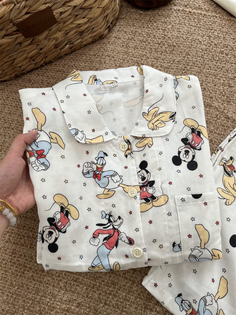 Disney Mickey Donald Pluto Goofy Print Cotton Pajama Set, Women Short Sleeve Button Down Loungewear S-XL
