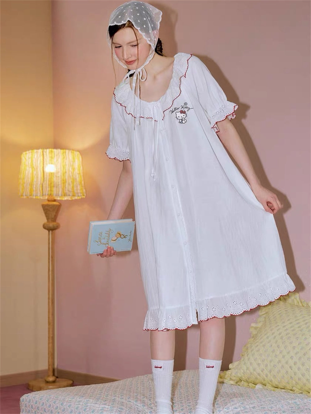 Hello Kitty French Coquette 100% Cotton Eyelet Lace Sleepwear Collection – Short Sleeve Shorts Set & Nightdress