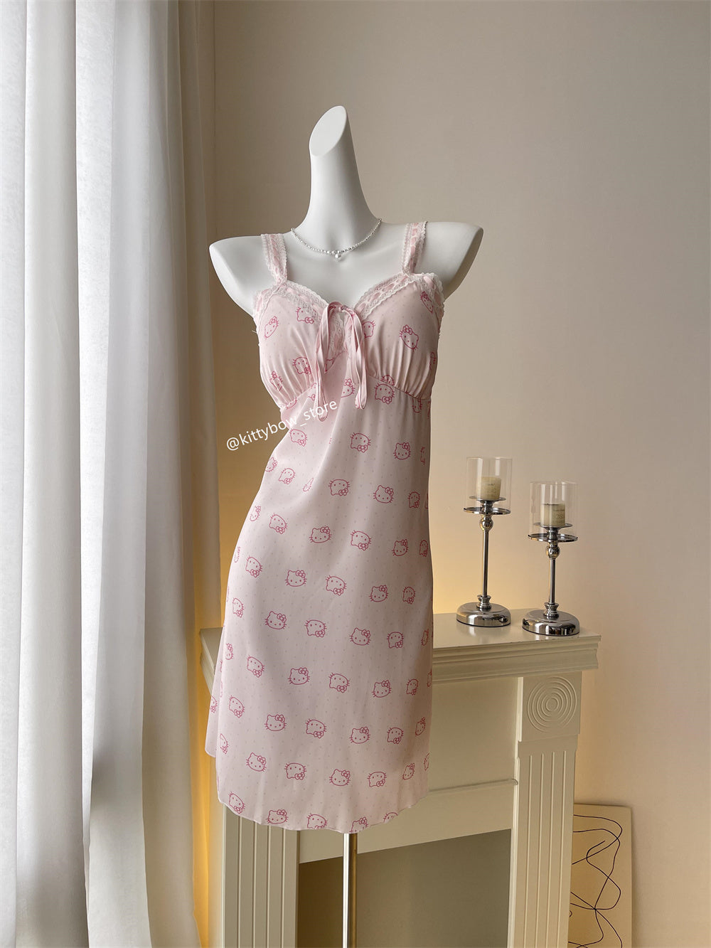 Hellokitty Pink Lace Silk Nightgown for Women Satin Slip Dress Nightdress
