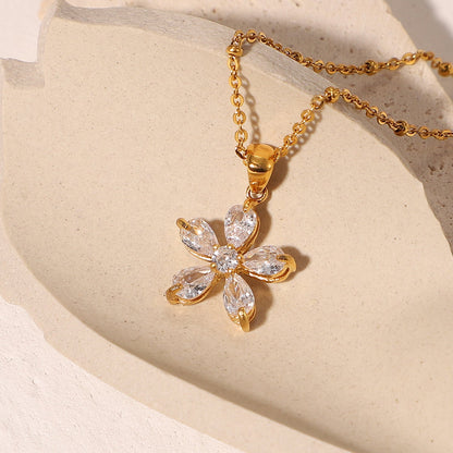 Stainless steel 18k gold-plated white zircon flower pendant necklace