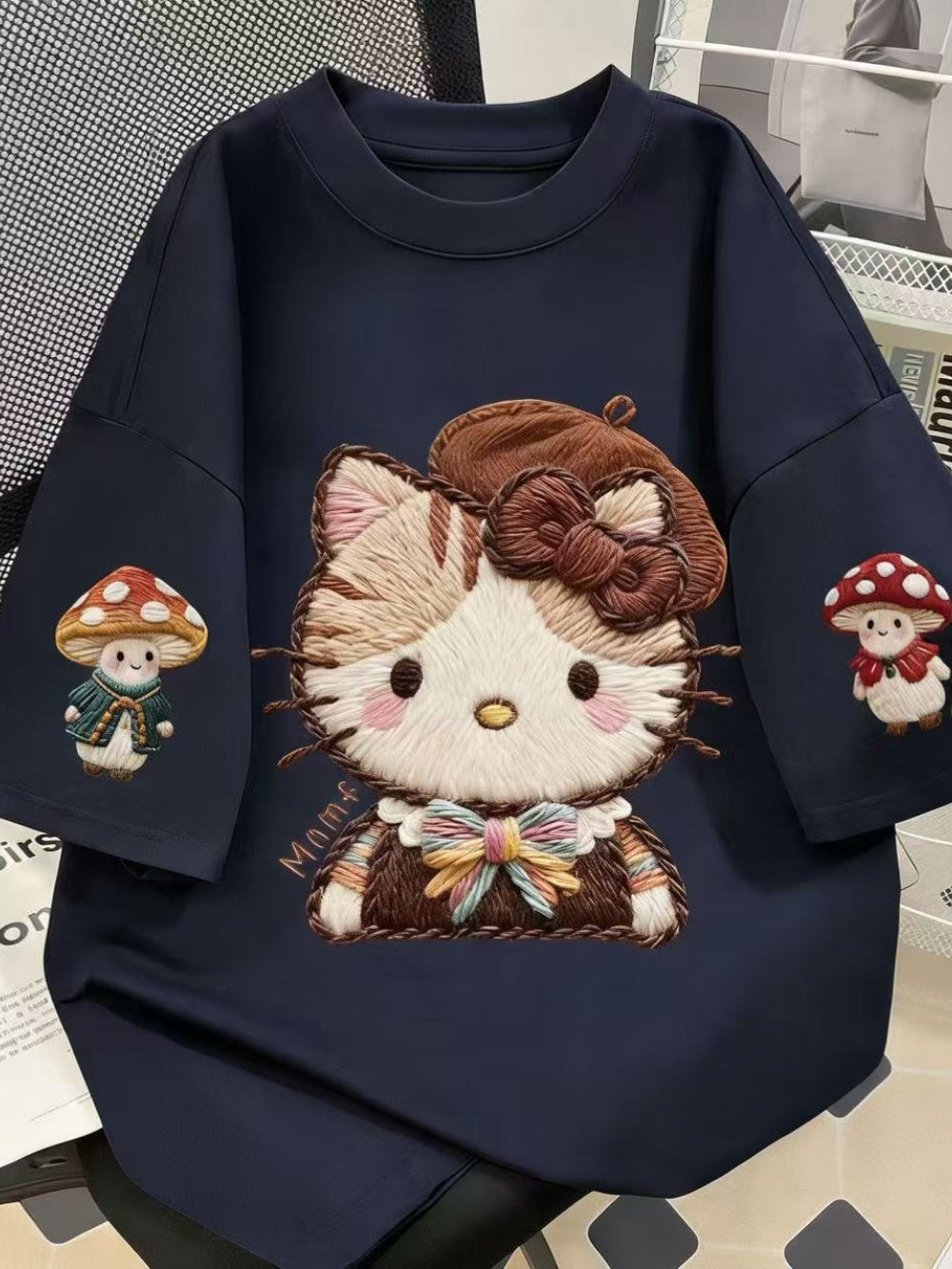 Embroidered Hello Kitty Oversized Cotton T-Shirt, Mushroom Print Casual Tee