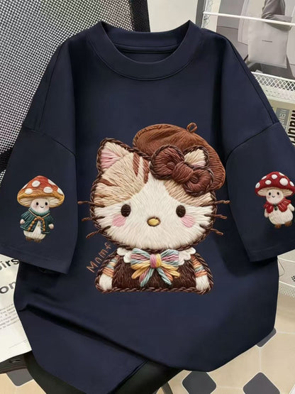 Embroidered Hello Kitty Oversized Cotton T-Shirt, Mushroom Print Casual Tee