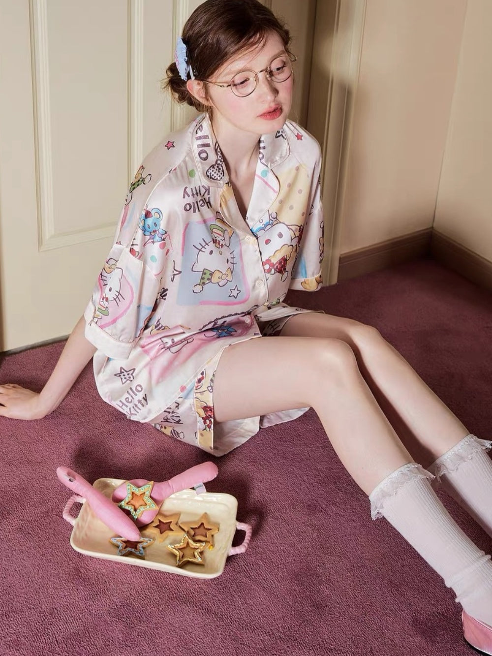Hello Kitty All Over Print Satin Short Sleeve Shirt & Shorts Pajama Set, Oversized Women Loungewear