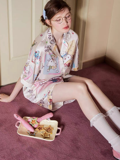 Hello Kitty All Over Print Satin Short Sleeve Shirt & Shorts Pajama Set, Oversized Women Loungewear