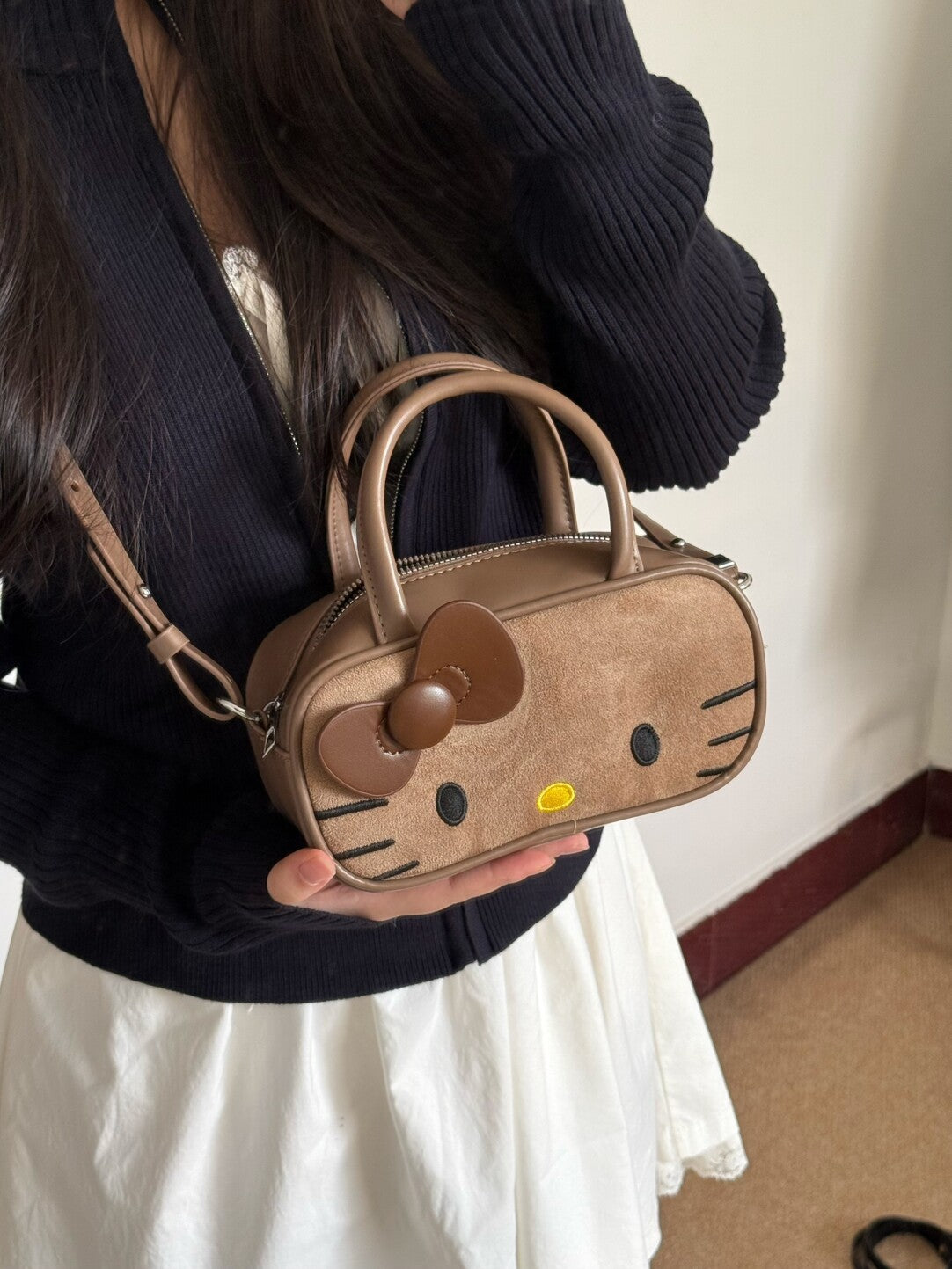 HK Boston Suede Crossbody Bag – Cartoon Style Autumn Shoulder Handbag