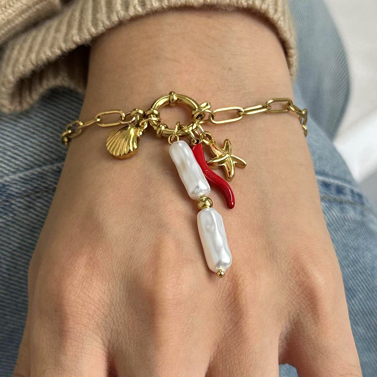 Stainless steel 18k gold-plated marine sailor knot pearl pendant bracelet