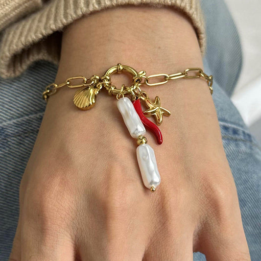 Stainless steel 18k gold-plated marine sailor knot pearl pendant bracelet