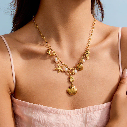 Stainless steel 18k gold-plated shell and pearl pendant necklace