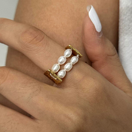 Stainless steel 18k gold-plated pearl ring