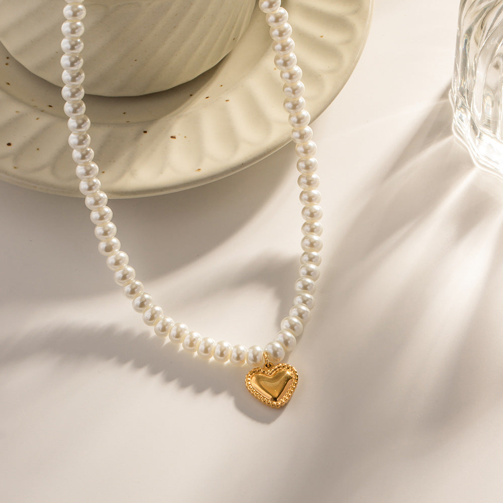 Stainless steel 18k gold-plated pearl heart pendant necklace