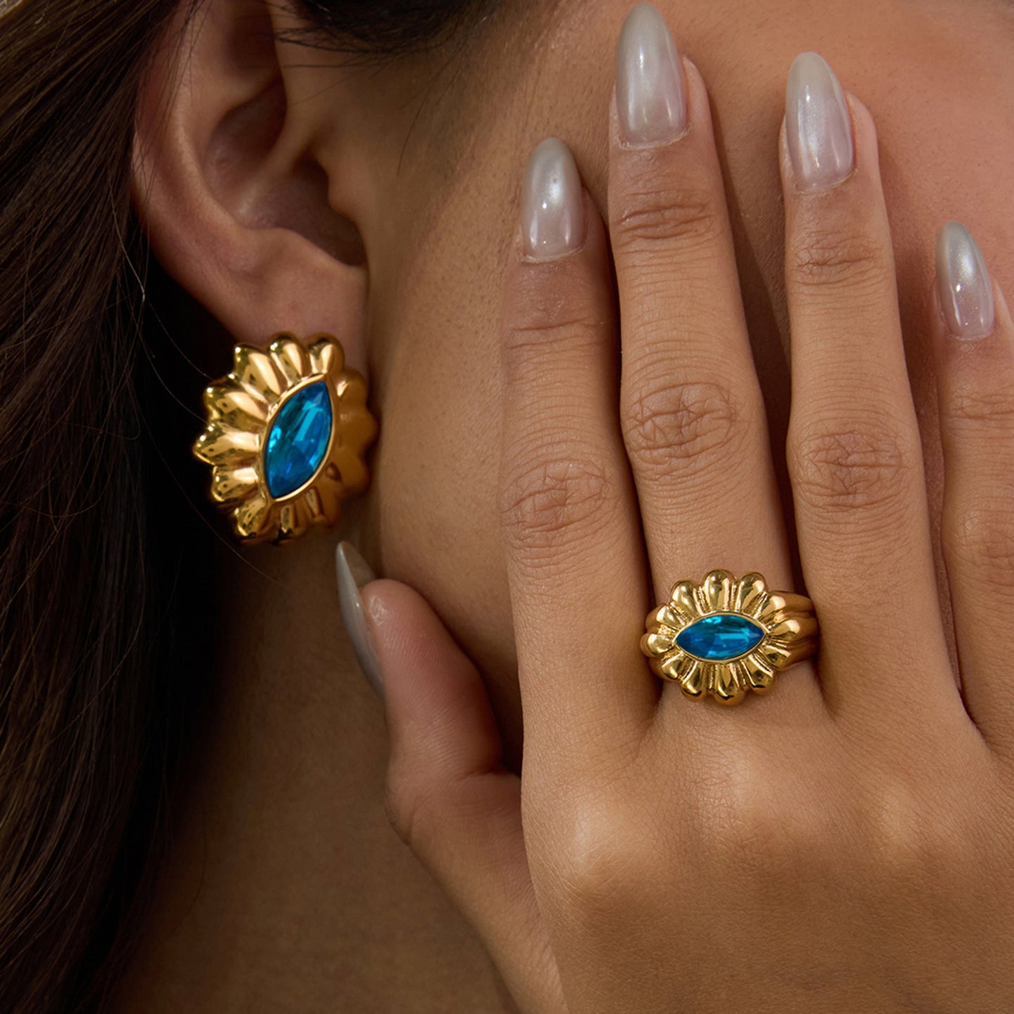 Stainless steel 18k gold-plated blue zircon jewelry