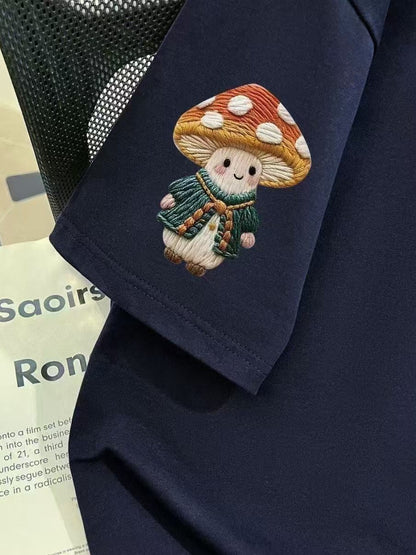 Embroidered Hello Kitty Oversized Cotton T-Shirt, Mushroom Print Casual Tee