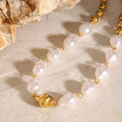 Stainless steel 18k gold-plated pearl necklace