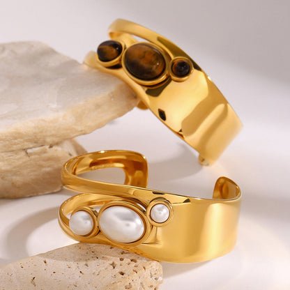 Stainless steel 18k gold-plated open-work pearl bracelet