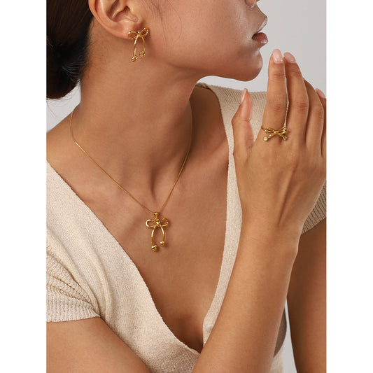 Stainless steel 18k gold-plated bow jewelry set