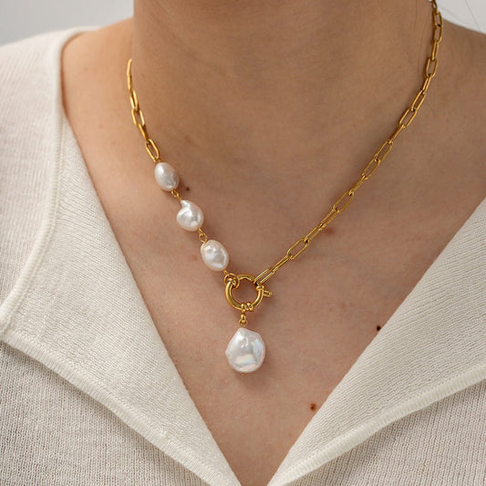 Stainless steel 18k gold-plated pearl pendant necklace