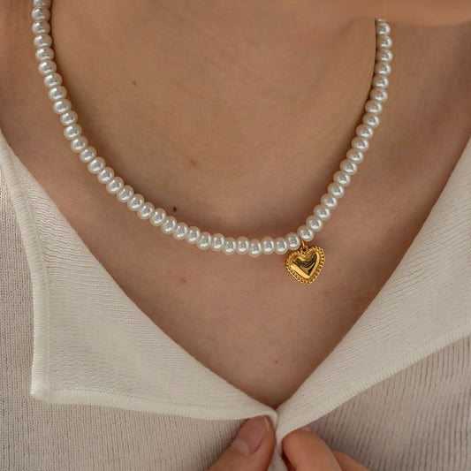 Stainless steel 18k gold-plated pearl heart pendant necklace