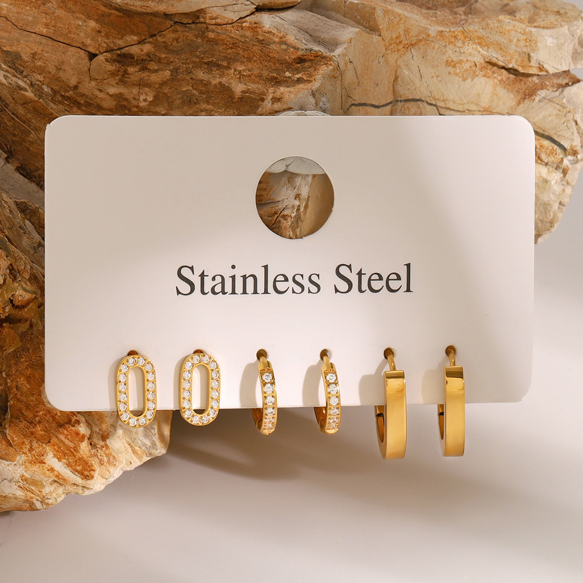 3 pairs of Stainless Steel 18k Gold-plated Circle Rhinestone Earrings