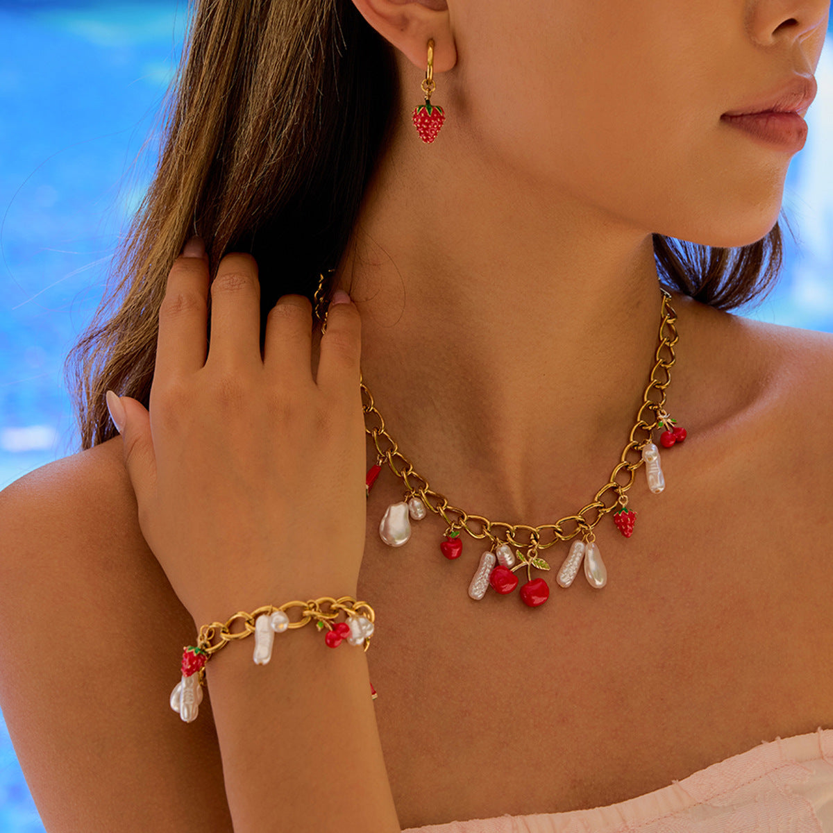 Stainless steel 18k gold-plated strawberry jewelry set