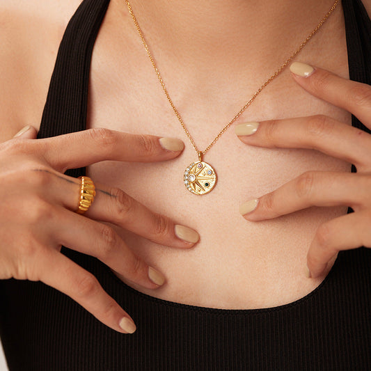 Stainless steel 18k gold-plated sun moon relief drooping pattern colored zircon round medallion pendant necklace