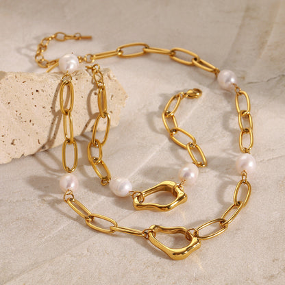 Stainless steel 18k gold-plated pearl jewelry set