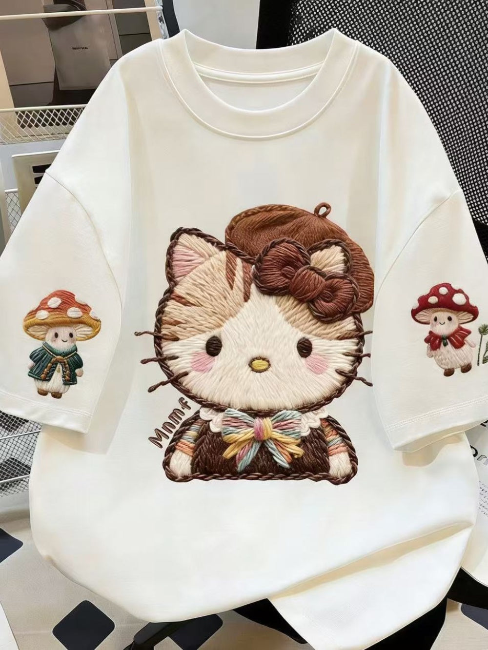 Embroidered Hello Kitty Oversized Cotton T-Shirt, Mushroom Print Casual Tee