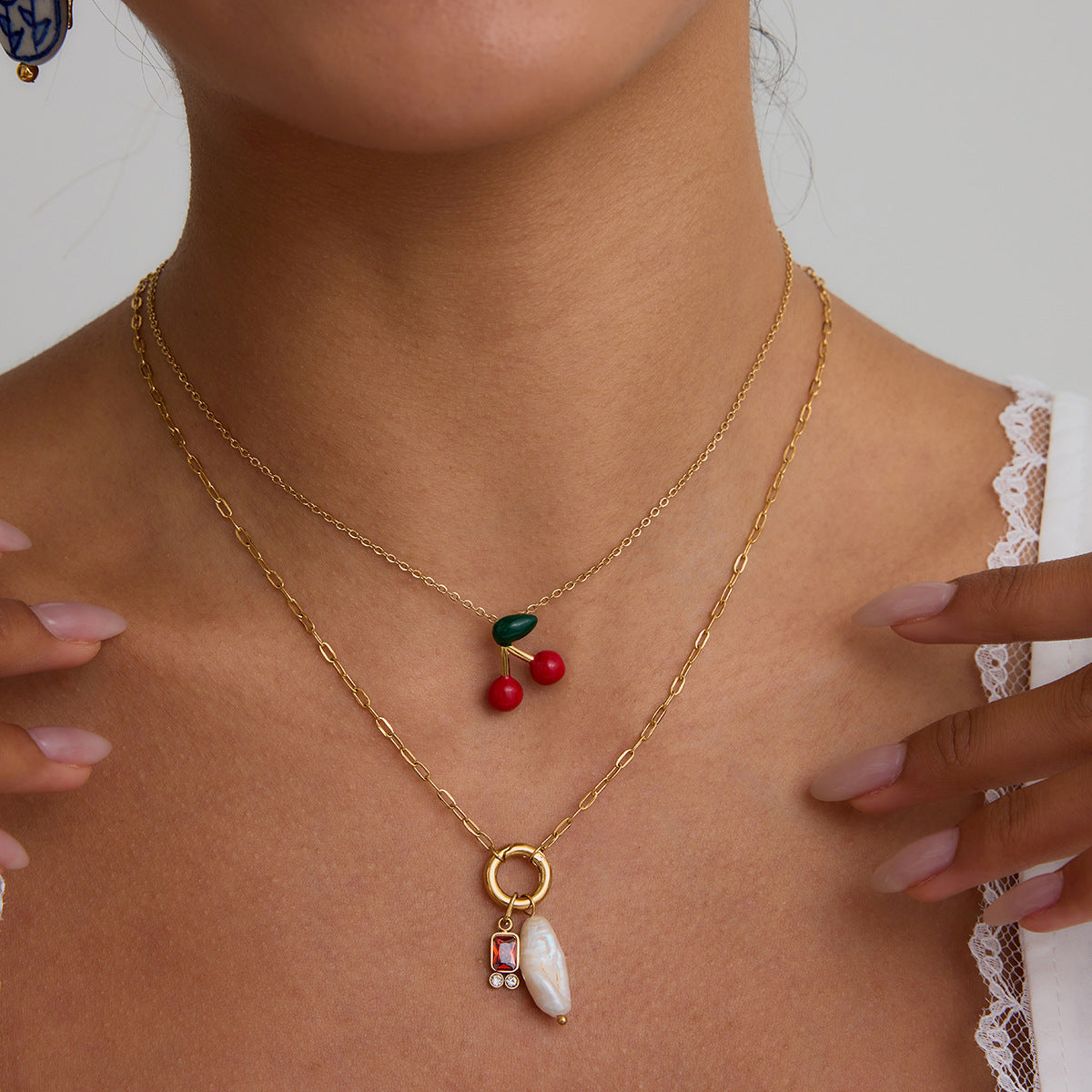 Stainless steel 18k gold-plated cheery necklace