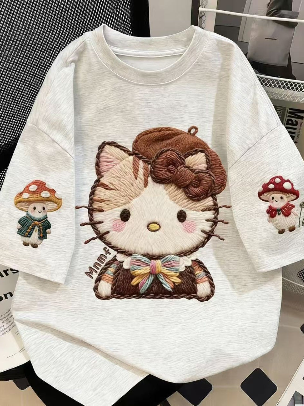 Embroidered Hello Kitty Oversized Cotton T-Shirt, Mushroom Print Casual Tee