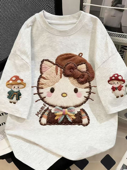 Embroidered Hello Kitty Oversized Cotton T-Shirt, Mushroom Print Casual Tee