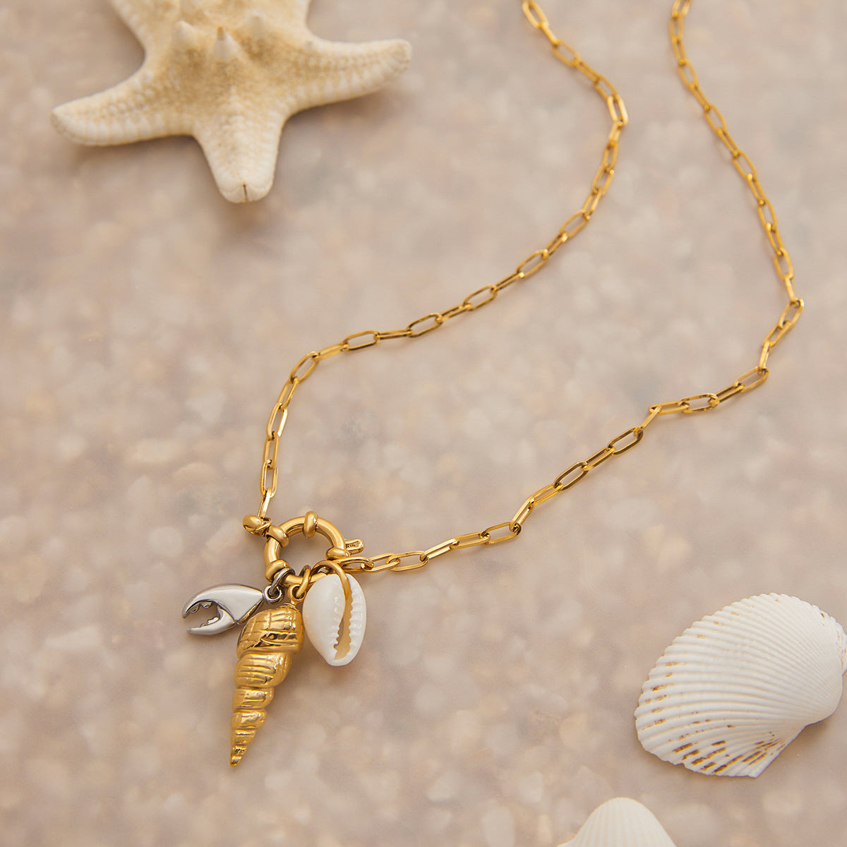 Stainless steel 18k gold-plated ocean-style necklace