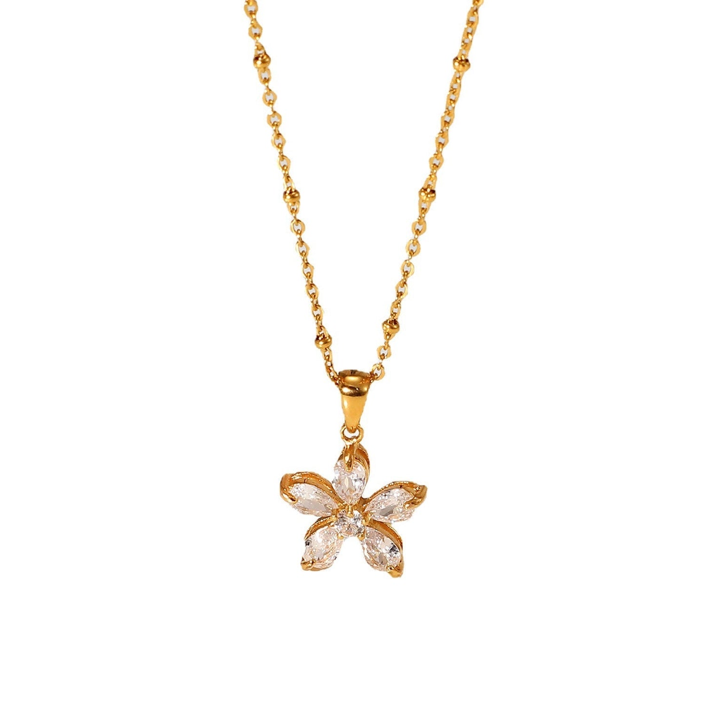 Stainless steel 18k gold-plated white zircon flower pendant necklace