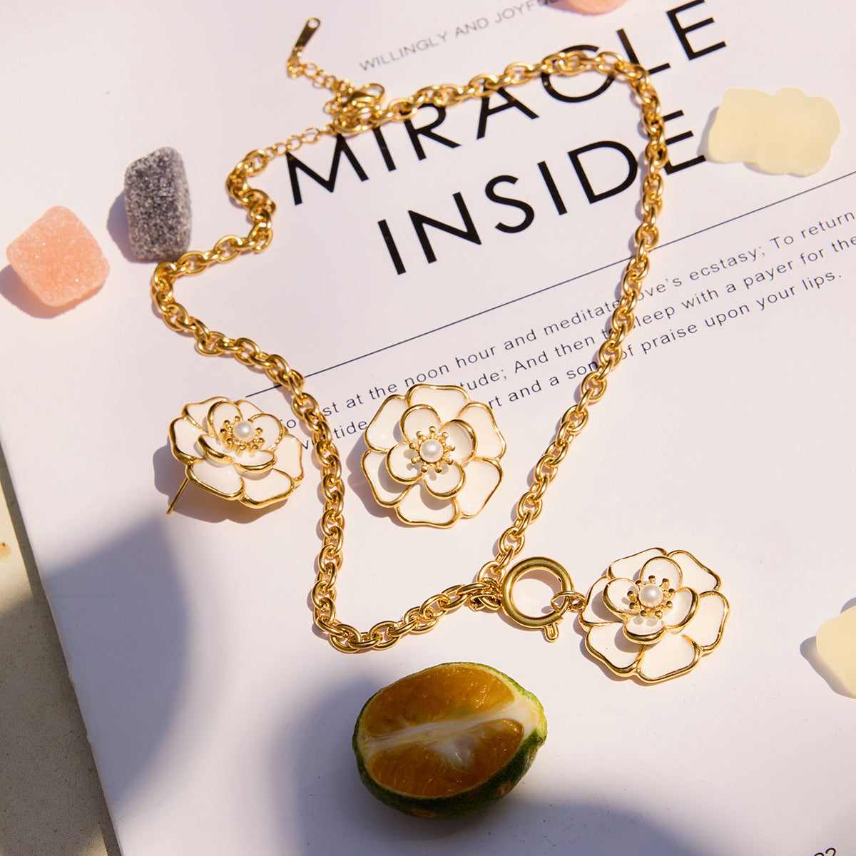 Stainless steel 18k gold-plated flower jewelry set