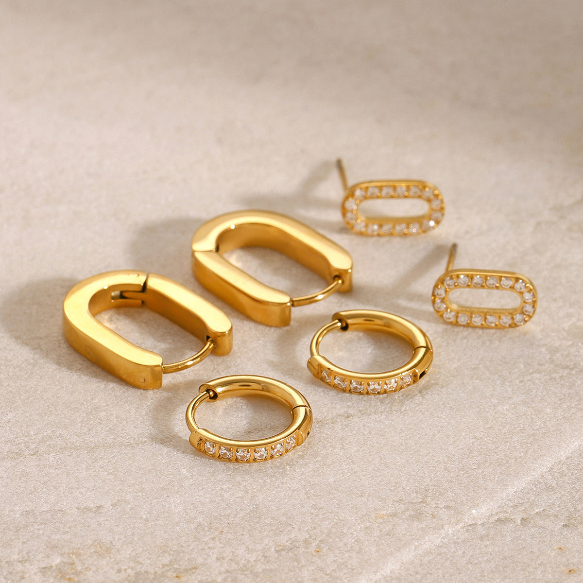 3 pairs of Stainless Steel 18k Gold-plated Circle Rhinestone Earrings