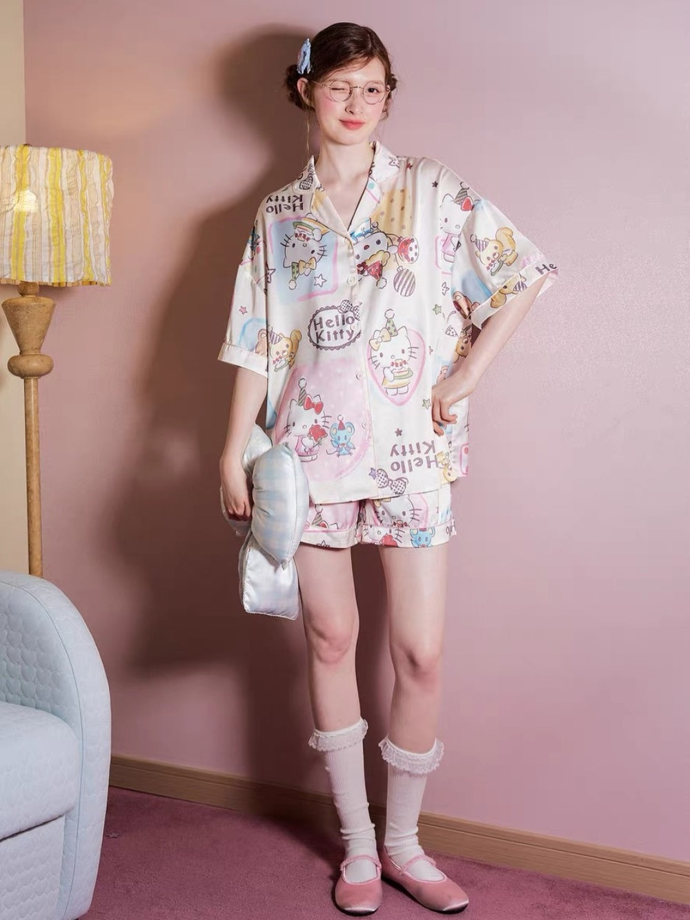 Hello Kitty All Over Print Satin Short Sleeve Shirt & Shorts Pajama Set, Oversized Women Loungewear