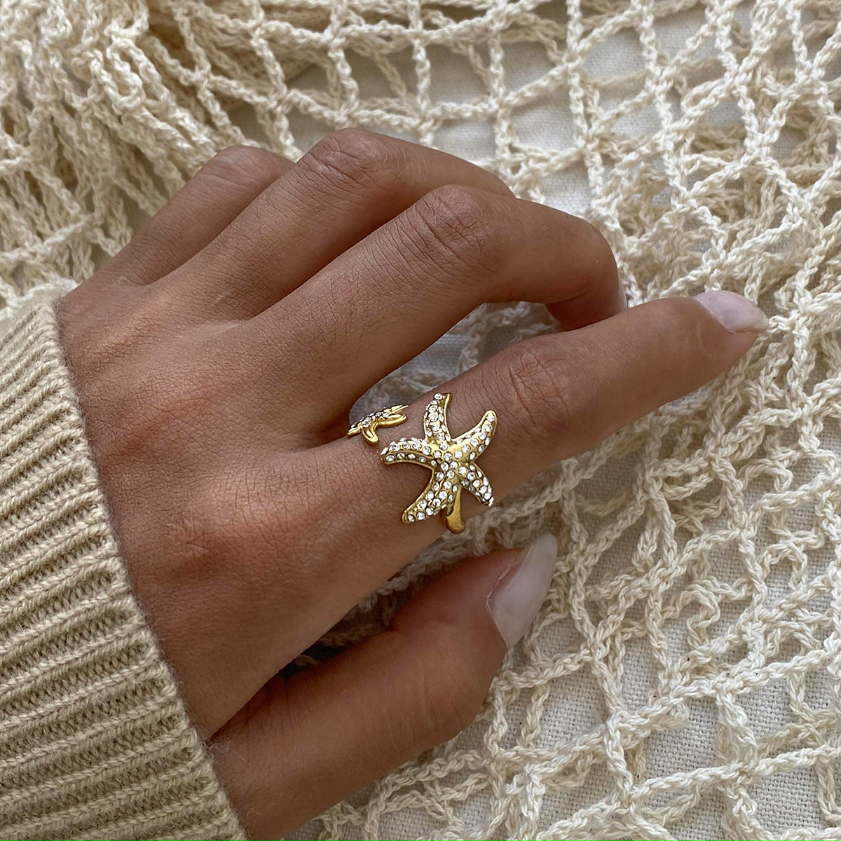 Stainless steel 18k gold-plated starfish ring
